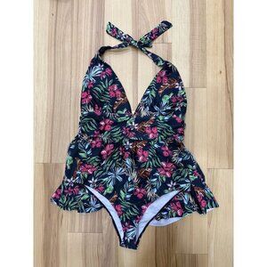 Womens Navy Hibiscus Print Halter Swim Set 2XL With Ruffle Detail & Tie Neck NEW